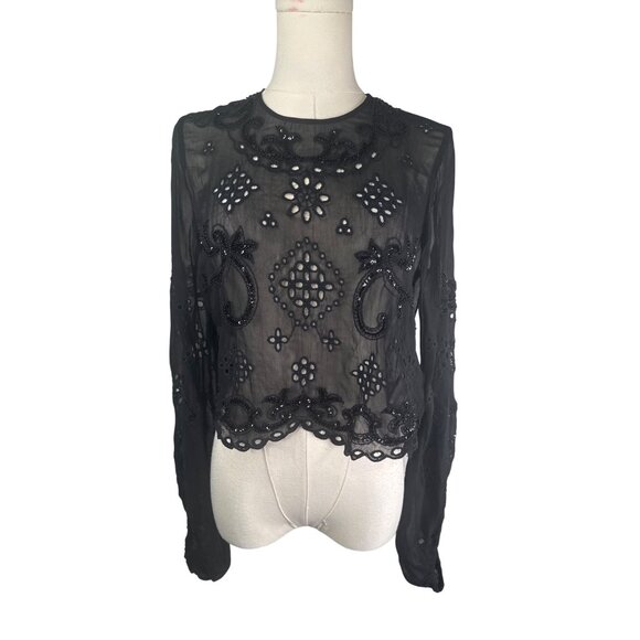ZARA Black Sheer Small Long Sleeve Embroidered Beaded Blouse - Picture 8 of 16